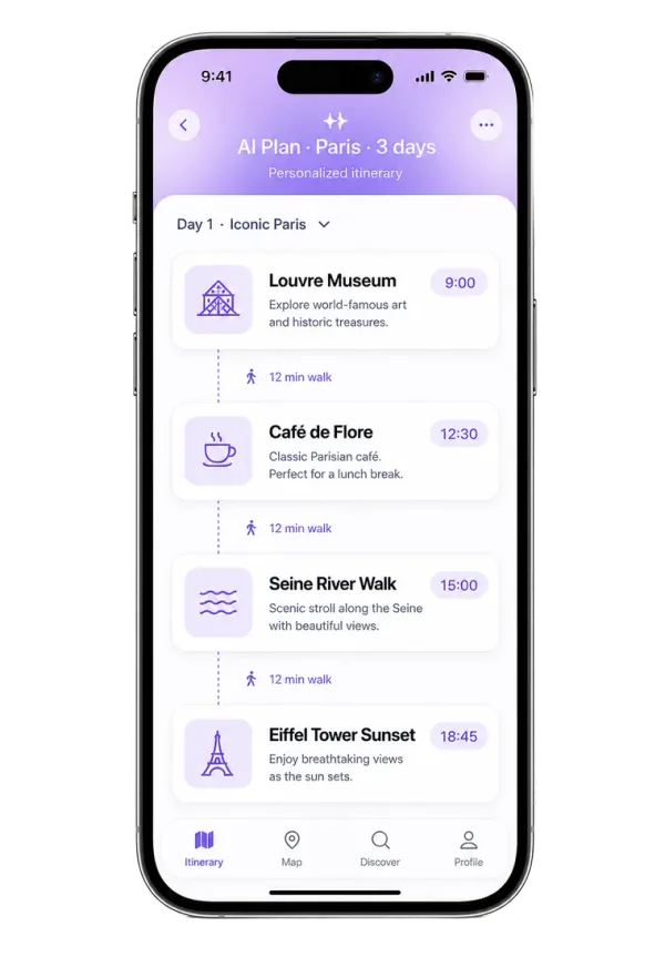 The MERRE AI itinerary planner showing a day plan with timed stops and walking connectors.