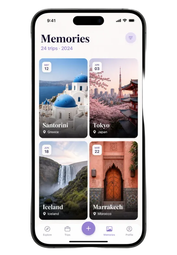 The MERRE memories screen showing trip albums for past journeys.