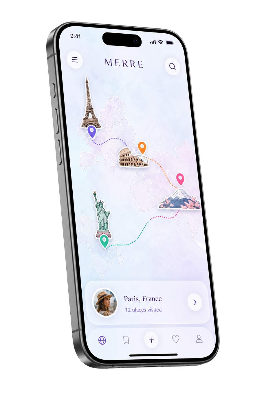MERRE app map screen with landmark stickers and route lines
